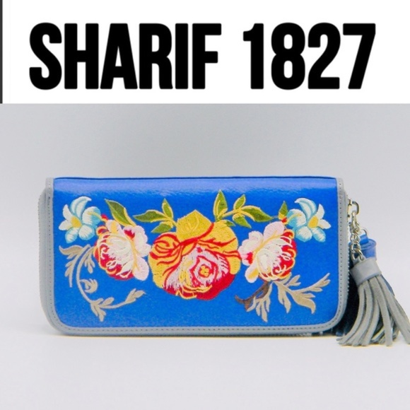 Sharif Handbags - SHARIF Blue Floral Embroidered Coin Purse Handmade Leather Wallet Card Holder